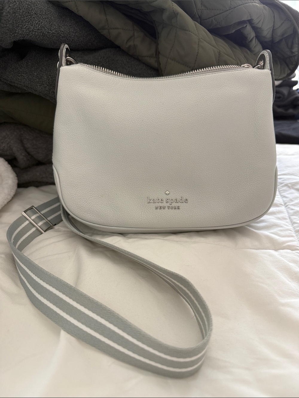 kate spade White Pebbled Leather Crossbody with Striped Strap